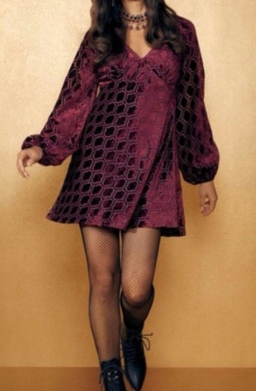 Era by Modcloth Velvet Vibrant Burgundy Mini-Dress 12 A-Line Blouson Sleeves